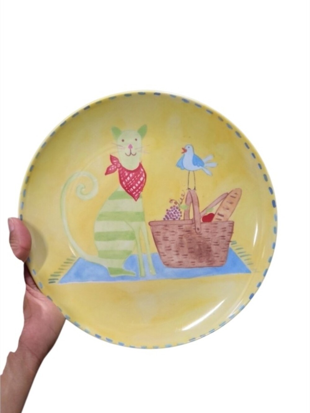 Pottery Barn Kids Melamine Lunch Plate Green Cat Blue Bird Picnic